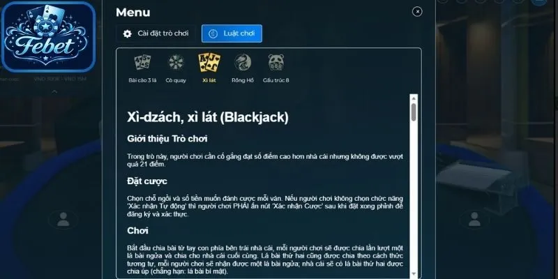 Mỗi vị trí trong blackjack Febet nhận 2 lá bài