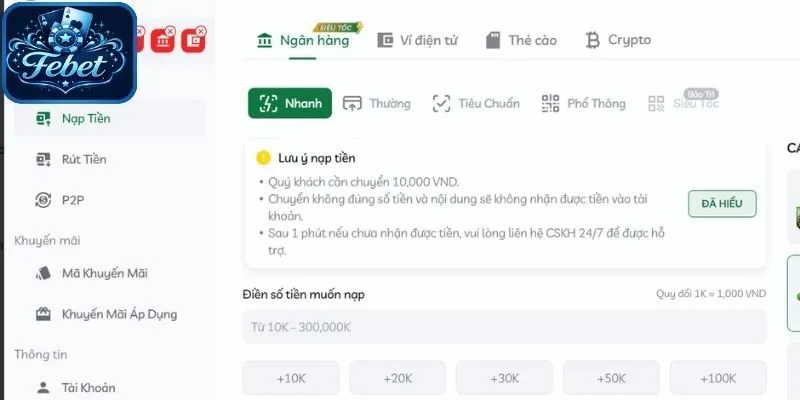 Khám phá 4 phương thức nạp tiền Febet nhanh gọn